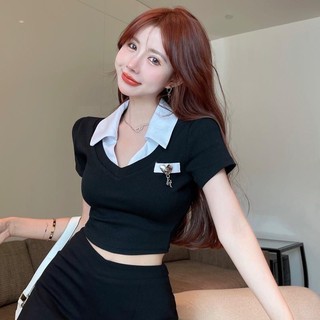 Áo ngắn tay cổ Polo mùa hè dành cho nữ eo ôm ngắn