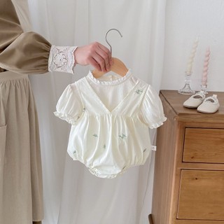 2024 Phong Cách Mới Cho Bé Jumpsuit ins Mùa Hè Mỏng Phong Cách Thêu Áo Liền Quần Bé Gái Bé Puff Tay Đáy Áo Sơ Mi Dễ Thương Một Tuổi Áo Liền Quần