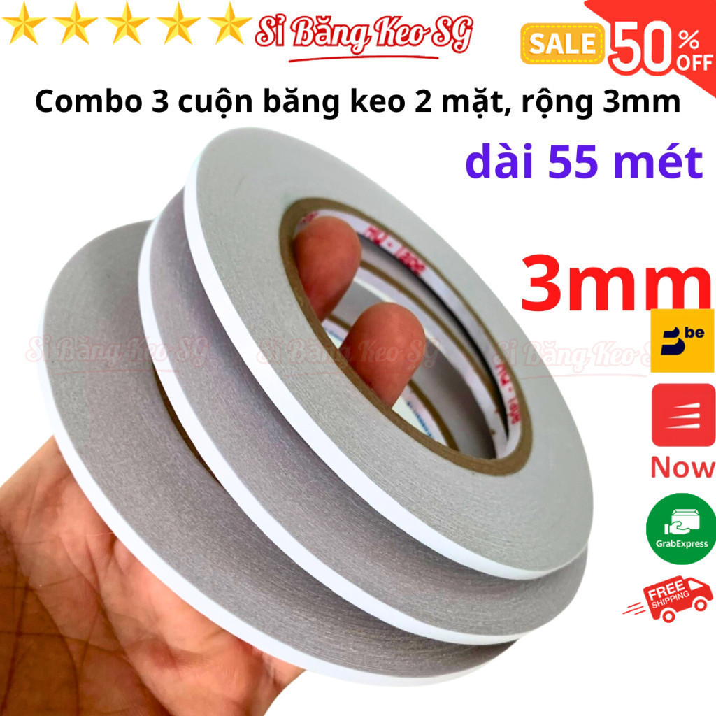 SKU96 - Combo 3 cuộn băng keo 2 mặt, rộng 3mm, dài 55 mét, lõi giấy 3mm, giá tại xưởng