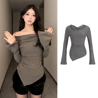 Long SleeveTT-shirt Women's Pure Hot Girl Slim Fit Skinny Bottoming ShirttEarly Spring Design Sense Niche Shoulder Clothes 6BEG