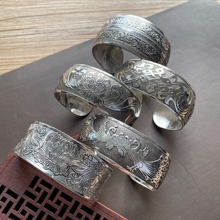 Retro Ethnic Style Fine Silver Bracelet European and American Carved Open Wide Bracelet Fashion Personality Miao Silver Distressed Antique Accessories