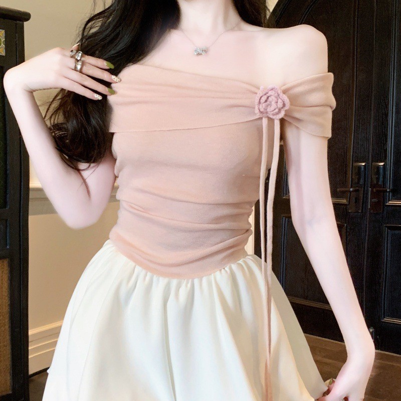 MTMM áo trễ vai nữ áo thun nữ Sweet Hot Girl Một Vai Hoa Top Nữ Mùa Hè Cao Cấp Pháp Hồng