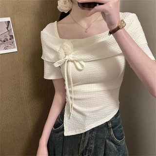 Dệt Phong Cách Pháp Cổ Vuông Nơ Ba Chiều Hoa Phối Ren Áo Thun Nữ Mùa Hè Niche Không Đều Đơn Giản Phù Hợp Với Tất Cả Trận Đấu Tiếp Xúc Xương Đòn Top