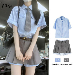 Áo thun nữ Alika phong cách đại học JK sọc Mỹ phiên bản Hàn Quốc dễ thương mùa hè