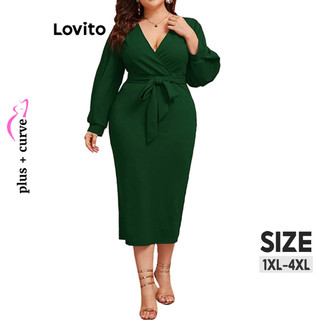 Đầm Lovito buộc dây màu trơn phong cách thường ngày dành cho nữ plus size LNL58338