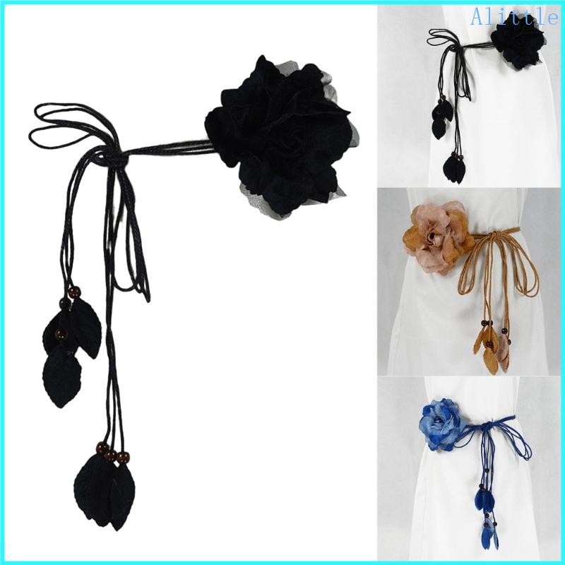 Self-Tie Waist Belt for Women Bohemian Seaside Braided Dress Belt with Flower