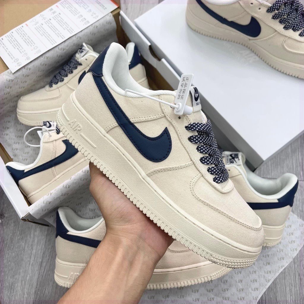 Giày  Af1 Canvas Navy, Giày Air Focer 1 Vải, Màu Be Sữa Đủ Size Nam Nữ, Full Bill Box H365 kayn.snea