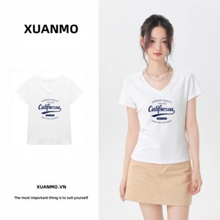 XUANMO Local brand Áo baby tee Áo Thun ôm body Áo y2k 100% cotton Áo thun ngắn tay dáng ôm mới mùa hè 2025, áo cơ bản in họa tiết, cổ V, vai thường, áo thường ngày đa năng