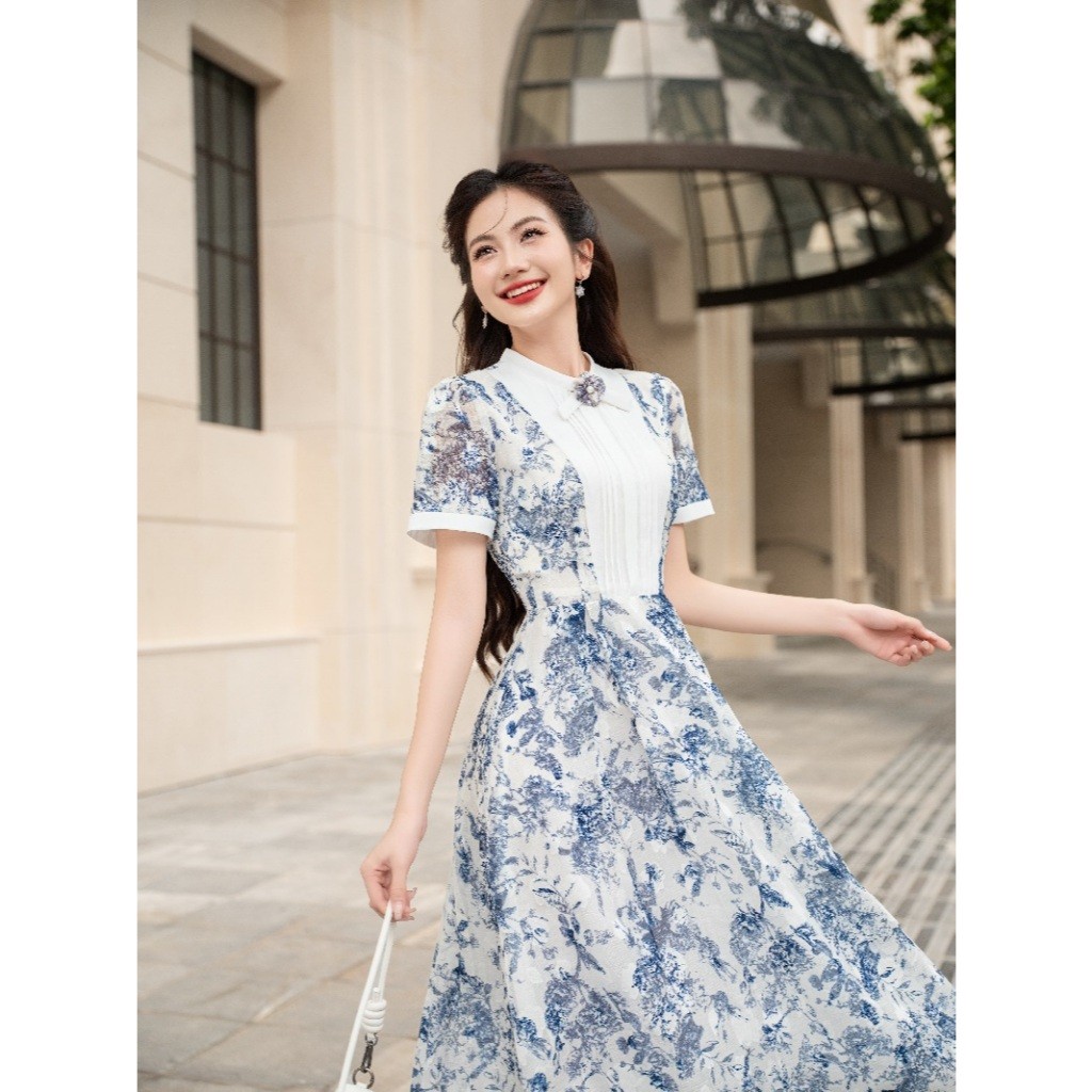 Đầm chữ A họa tiết phối nơ cổ LD360