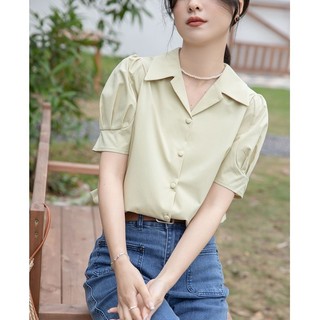 Pháp Retro Áo Sơ Mi Tay Ngắn Nữ Thiết Kế Mùa Hè Phù Hợp Với Cổ Áo Cardigan Top
