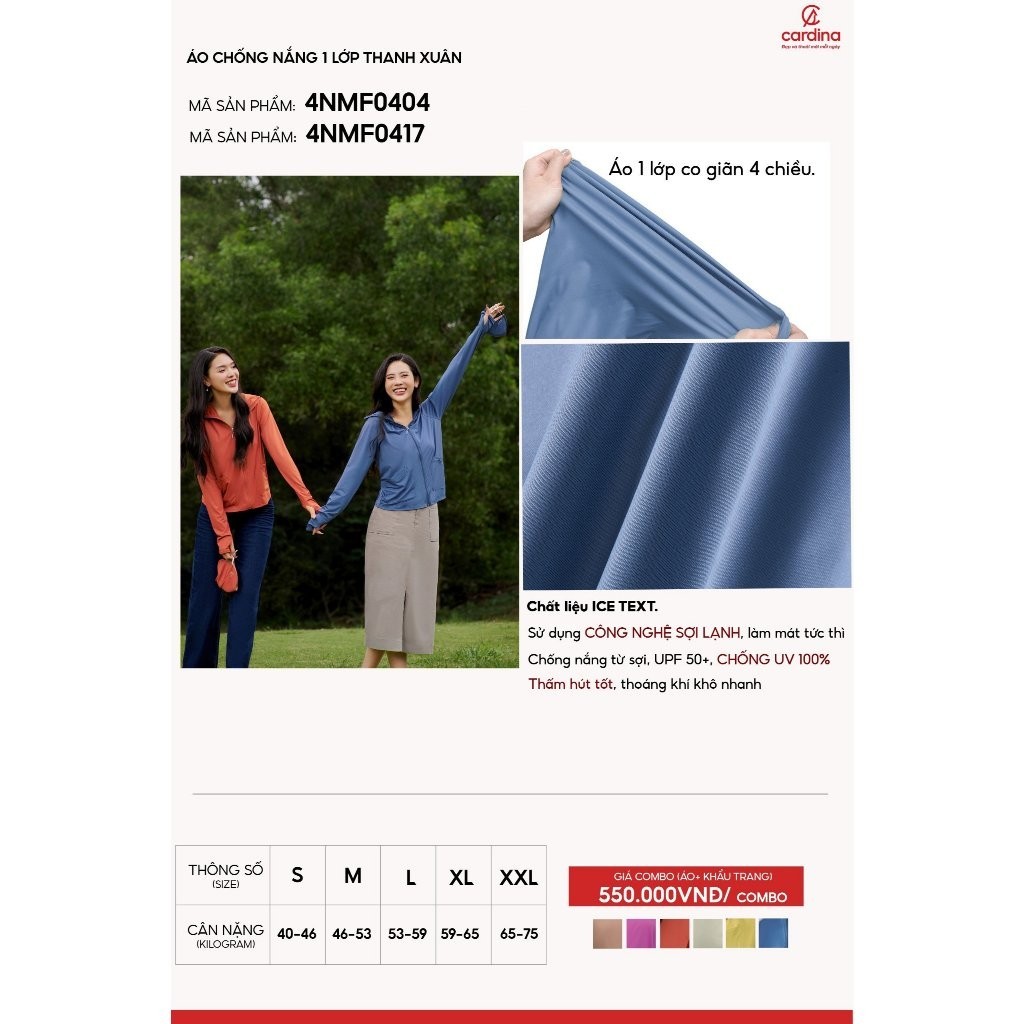Áo Khoác Nữ Cardina Chống Nắng 1 Lớp Thanh Xuân Chất Liệu Từ Sợi Lạnh Thoáng Mát Mềm Mịn Co Giãn 4 Chiều 4NMF04 | BigBuy360 - bigbuy360.vn