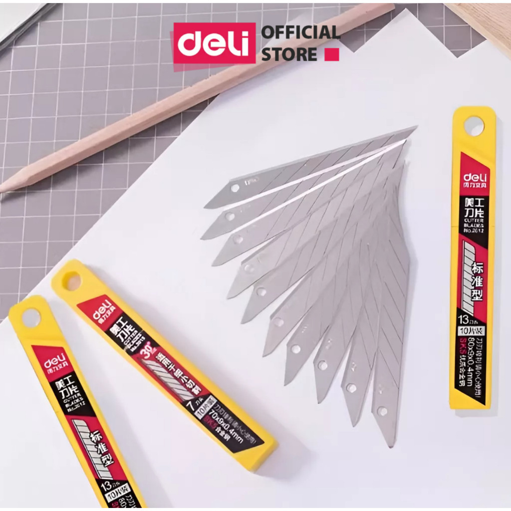 Hộp 10 Chiếc Lưỡi Dao Rọc Giấy Dao Rạch Giấy Deli Cao Cấp Chất Liệu Thép Hợp Kim SK5 Bền Thiết Kế Dễ Sử Dụng Nhỏ Gọn