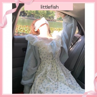 [Littlefish] Đầm Cổ Búp Bê Pháp Hoa Vintage Feel Mùa Xuân Mềm Mại Sáp Rời Nhẹ Nhàng Đan + Áo Cardigan Hai Mảnh Có Sẵn Kích Thước Lớn