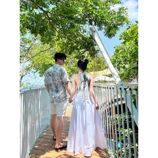 (Có Big size 3XL nam) Set đôi đi biển in hoa (gồm áo nam, áo nữ + chân váy nữ)