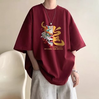 [Plus Size M-5XL Tee] Áo thun Cotton ngắn tay phong cách Trung Quốc Áo thun Cotton mùa hè tay ngắn cỡ lớn cỡ lớn Áo thun in chữ nửa hình rồng Áo thun nửa tay quá khổ Áo thun trẻ trung