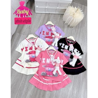 (15kg-40kg)sét Váy bé gái vải cotton mềm mịn, áo cổ tim in HÌNH CỪU kèm gấu bông, bé mặc đi chơi mùa hè rất mát mẻ thoải