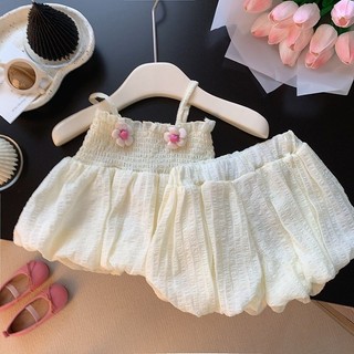 Trẻ Em Mùa Hè Hàn Quốc Màu Trơn Sling Quần Short Phù Hợp Với Bé Gái Hoa Sling Bộ Hai Mảnh