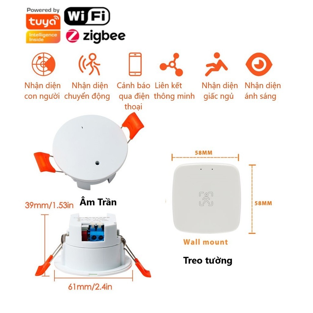 Cảm biến hiện diện Wifi / Zigbee MmWave, cảm biến chuyển động con người, App Tuya / Smartlife , âm t