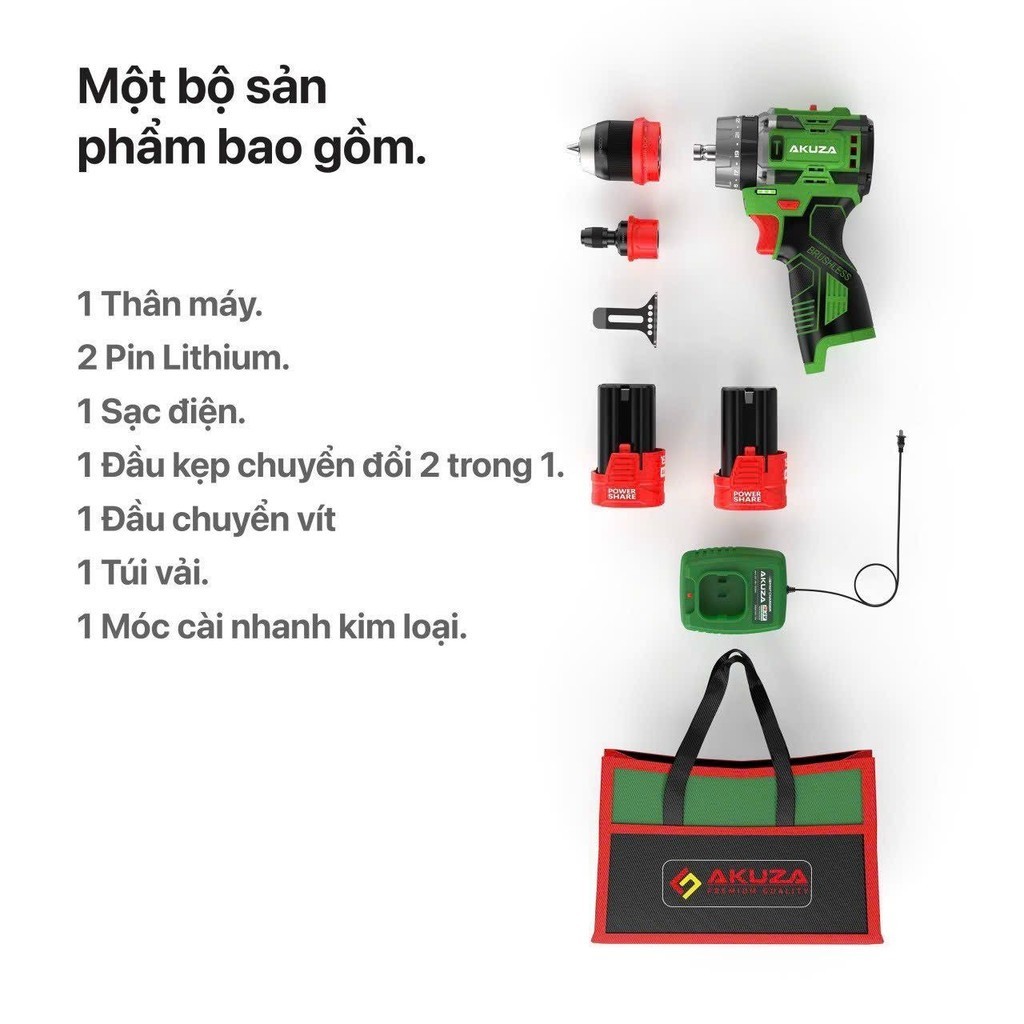(HÀNG CHÍNH HÃNG) Khoan Pin AKUZA K7 4 in 1 Có Búa- Khoan pin 16,8V Không Chổi Than Đầu Kẹp Autolook