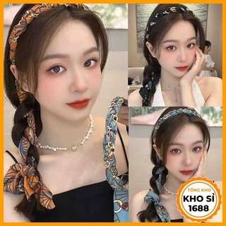 Băng đô cài tóc nữ tết dây lụa, bờm cài tóc tạo kiểu họa tiết xích dễ thương, phụ kiện xược cài đầu cho nữ E1933