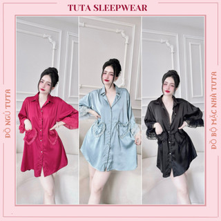 Đầm ngủ lụa sơ mi kèm quần TUTA đầm mặc nhà bigsize chất latin mềm mại thoáng mát