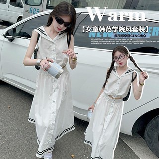 Bộ Đồ Mùa Hè Bé Gái 2024 Phong Cách Mới Thời Trang Lớn Trẻ Em Preppy Cổ Hải Quân Không Tay Top Váy Hai Mảnh Phù Hợp Với❤6.19❤