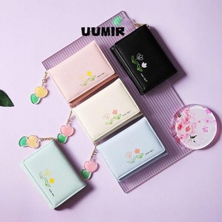 Ví ngắn nữ, Ví đựng tiền xu họa tiết hoa Tulip bằng da PU, Túi đựng thẻ nữ nhiều khe gấp ba màu trơn