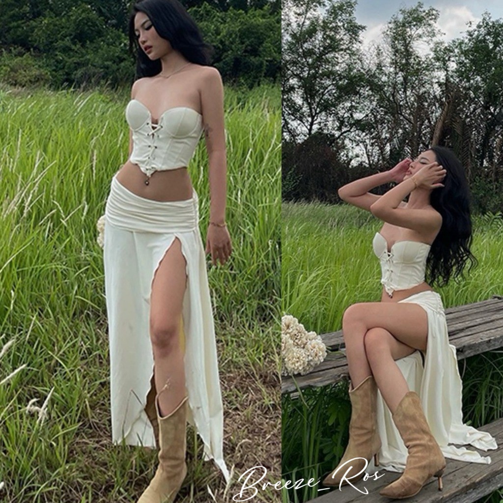BREEZE_ROS Áo Crop Top Trễ Vai + Váy Xẻ Lưng Cao Dành Cho Nữ Chân Váy Dài Lưng Thấp Mùa Hè V093