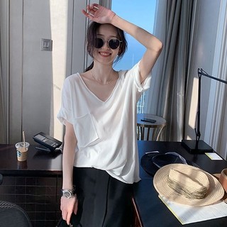 Áo thun Cotton trắng nữ tay ngắn mùa hè 2024 Phong cách mới Cổ chữ V dáng rộng phù hợp cho mọi trận đấu gợi cảm tay ngắn thông thường