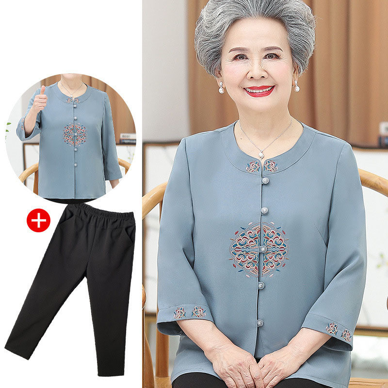 Người Cao Tuổi Trung Niên Mùa Hè Quần Áo Nữ Bà Mùa Xuân Quần Áo Áo Thun Voan Áo Sơ Mi Mẹ Phù Hợp Với 60-70 Tuổi 80 Người Cao Tuổi Quần Áo