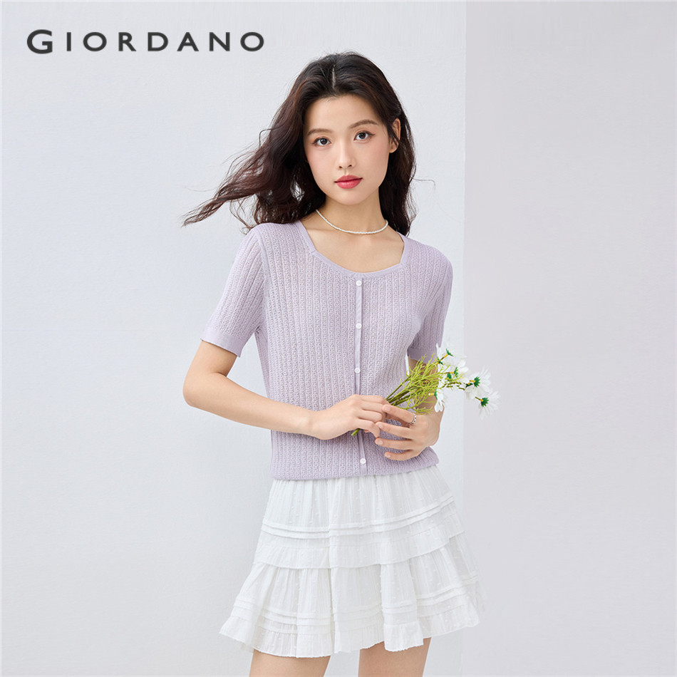 GIORDANO WOMEN Cable knit fake placket short sleeve sweater 13355203
