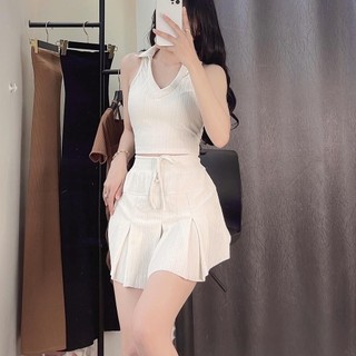 Sét áo kèm chân váy xếp li có quần trong chất xốp đẹp