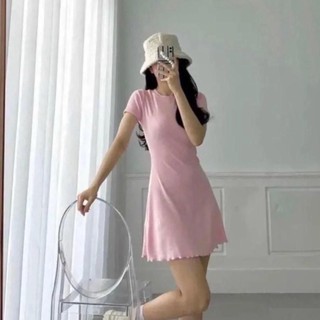 Đầm thun tăm cổ tròn dáng xoè gấu bèo tay ngắn cuốn biên tiểu thư cá tính mã 04