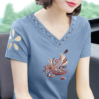 Áo thun thêu ngắn tay 100% Cotton nữ mùa hè trung niên thời trang mẹ mặc cổ chữ V cỡ lớn