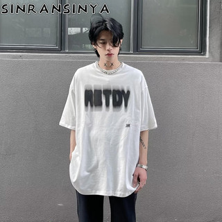 Sinransinya Áo thun nam mới, thời trang cao cấp đường phố cổ điển kiểu Mỹ, cotton nguyên chất, chữ in mờ, hip-hop giản dị đẹp trai, áo ngắn tay thời trang cặp đôi trẻ trung