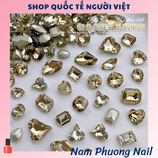 Set 10 viên đá pha lê K9, đá khối pha lê màu vàng nâu, nhiều hình dạng trang trí móng tay nghệ thuật