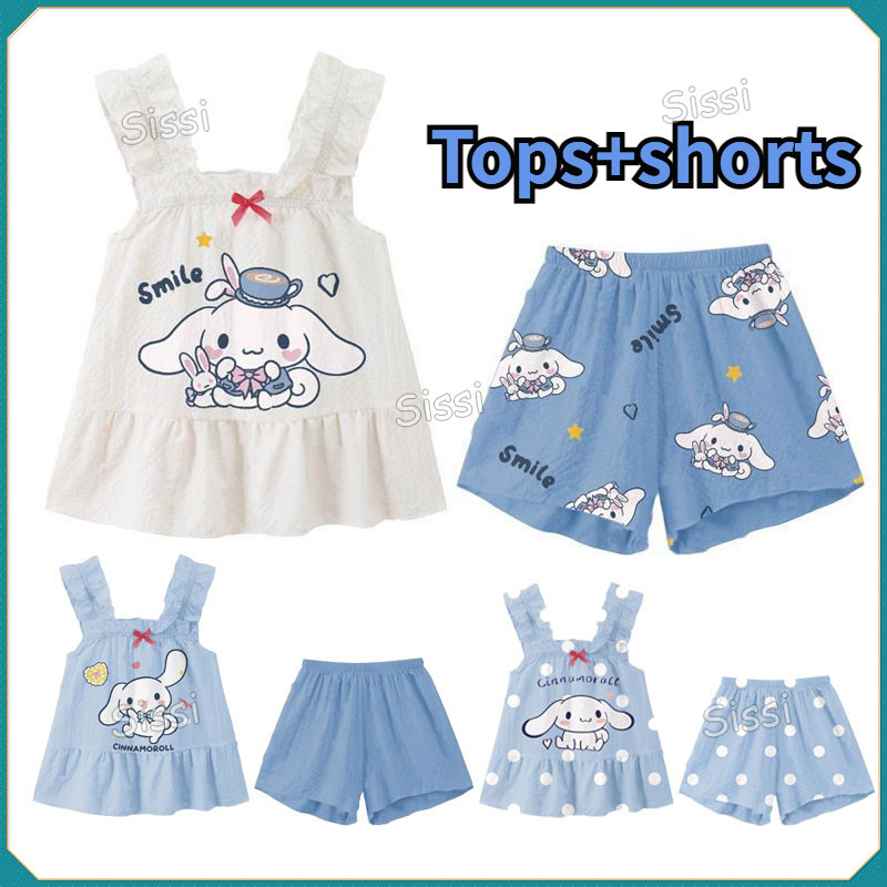 Phiên Bản Hàn Quốc Sanrio Cinnamoroll Pyjama Đồ Ngủ Cho Trẻ Em Bộ Quần Áo 2 Chiếc Hoạt Hình Mùa Hè In Hình Cinnamoroll Slings Có Quần Short Terno Cho Bé Gái Pyjama Silk Trang Phục