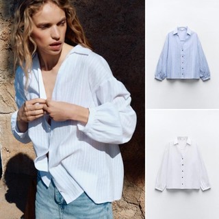 Zara 24 Mùa Hè Phong Cách Mới Ngày Lễ Phong Cách Sọc Áo Sơ Mi Tay Dài Ve Áo Hình Chữ V Cổ Rời Thường Ngày4387033