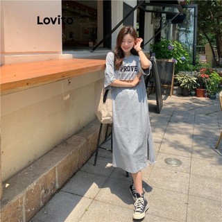 Đầm Lovito họa tiết chữ phong cách thường ngày cho nữ LNA56077