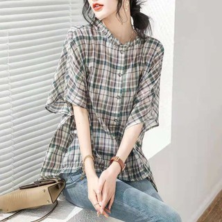 Mùa Hè 2022 Phong Cách Mới Kích Thước Lớn Rời Áo Thun Ren Không Đều Giữa Chiều Dài Bao Thịt Vải Lanh Cotton Kẻ Sọc Top Nữ