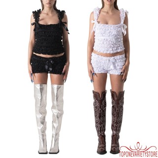 Topone-nữ 2 Bộ Trang Phục Không Tay Cổ Vuông Ruffle Áo Có Quần Short Bộ
