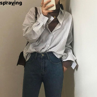 Phun Áo sơ mi sọc nữ thiết kế thích hợp mùa đông khởi hành sang trọng sinh viên áo sơ mi sọc dọc Hàn Quốc với nội thất đơn giản