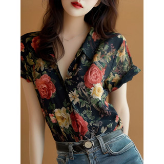 Pháp Retro Phong Cách Hồng Kông Áo Sơ Mi Tay Ngắn Nữ Mùa Hè 2024 Nhỏ Sang Trọng Top MZMR