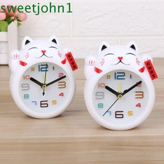 Sweetjohn Đồng hồ báo thức mèo may mắn, Đồng hồ báo thức trẻ em sáng tạo dễ thương, Đồng hồ hình phong thủy Màu trắng hoạt hình Đồng hồ bàn thạch anh trẻ em