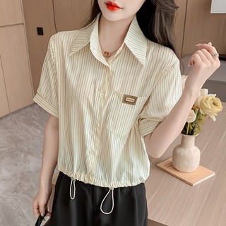 Áo Sơ Mi Ngắn Tay Sọc Nữ Mùa Hè 2024 Phong Cách Mới Tính Khí Đơn Giản Phù Hợp Với Tuổi Giảm Dây Rút Ngắn