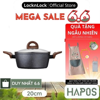 Nồi chống dính đáy từ LocknLock BAUM Marble Chính hãng 20cm 24cm, 2 tay cầm giả gỗ, nắp thủy tinh  - HAPOS MALL OFFICIAL