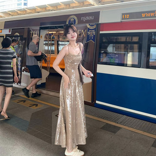 Niche] Đầm Sling Phong Cách Mới 2024 Thiết Kế Ánh Trăng Kim Sa Lấp Lánh Gợi Cảm Solo Hot Girl [Váy Dài WI2K