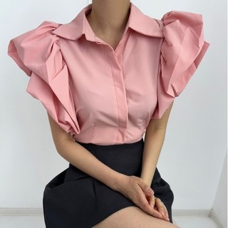 Áo ngắn tay phồng khí chất Hàn Quốc C & M Ve áo màu trơn