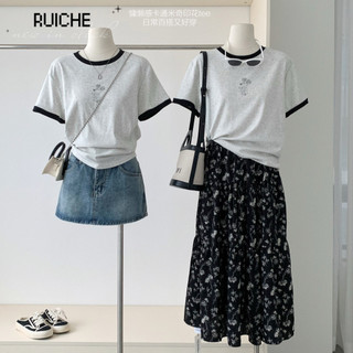 Ruiche 71426 Cổ Tròn Rời Áo Sơ Mi In Hình Dễ Thương Tay Ngắn / Cao Cấp Hoa Coelacne Đầm Chữ A