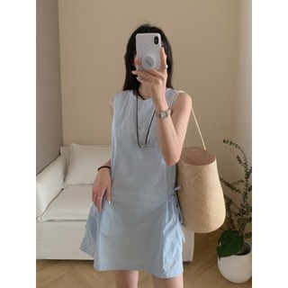 Hàn Quốc Hàn Quốc INS Thiết Kế Phong Cách Túi Lớn Trang Trí Dây Rút Phối Kết Cấu Áo Vest Đầm Mùa Hè Không Tay Đầm